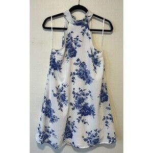 Lulus Darling Dearest Floral Print Dress Size Medium White Blue Sleeveless Tie